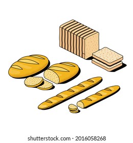 Bread croutons, loaf loaf, baguette. Vector 3d sketch line isometric, color icon illustration, flat style. Creative design idea and elements for infographics and website.
