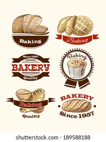 Bread cup cake and croissant pastry vintage bakery food labels vector illustration
