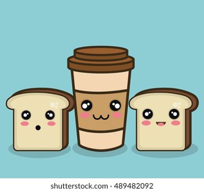 bread and cup coffee cartoon graphic design