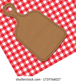 Bread cutting board on the red checkered tablecloth.  svg
