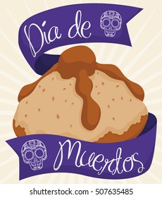 Bread of the dead to celebrate Mexican "Dia de Muertos" (translate from Spanish: "Day of the Dead") with purple ribbons around it and traditional skulls outline drawn.