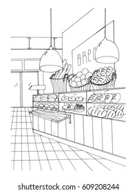 bread department hand drawn black and white illustration, store interior.