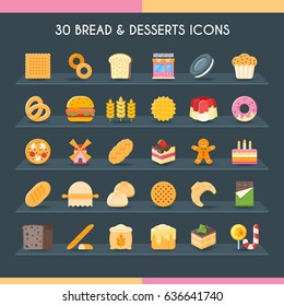 Bread and dessert icons set. Vector Illustration