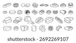 Bread different types hand drawn doodle outline icon set. Bread engraving, line art. Wheat products, baked goods, bakery. Vector illustration