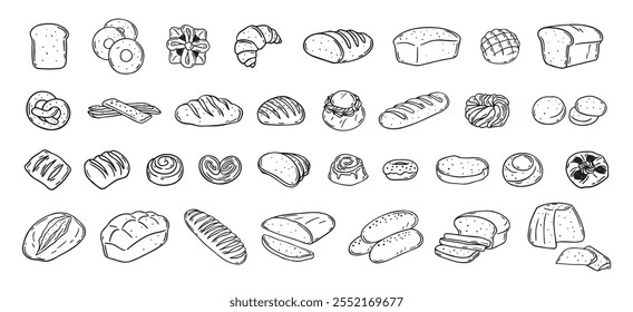 Pão diferentes tipos desenhado à mão ícone de contorno de rabiscar definido. Pão gravura, arte em linha. Produtos de trigo, produtos de panificação, padaria. Ilustração vetorial