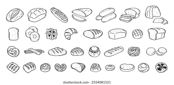 Bread different types hand drawn doodle outline icon set. Bread engraving, line art. Wheat products, baked goods, bakery. Vector illustration