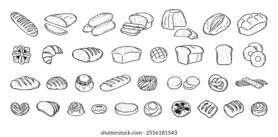 Bread different types hand drawn doodle outline icon set. Bread engraving, line art. Wheat products, baked goods, bakery. Vector illustration