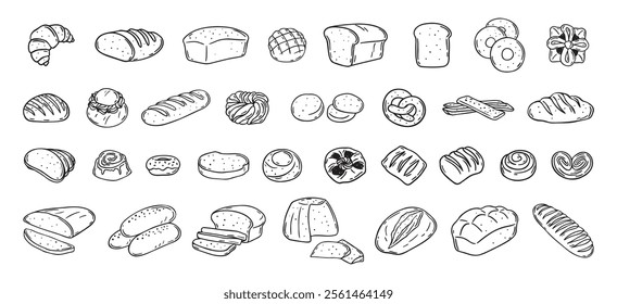 Bread different types hand drawn doodle outline icon set. Bread engraving, line art. Wheat products, baked goods, bakery. Vector illustration