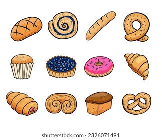 Bread, donut and croissant cartoon set. Colorful sweet isolated on white background. Doodle illustration pretzel