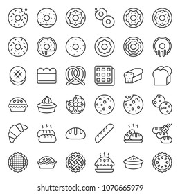 Bread, donut, pie, bakery product, outline icon set