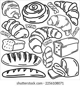 bread doodle art vecor illustration set. bread doodle set. suitable for sticker set, icon, logo and graphic design element. black and white bread doodle set