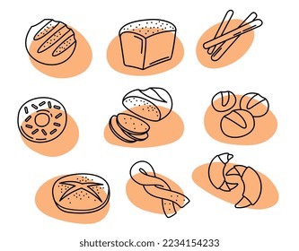 Bread doodle icons set. Collection of minimalistic graphic elements for website. Abstract creativity and art. Flour products and bakery. Cartoon flat vector illustrations isolated on white background