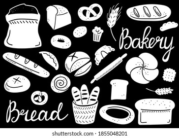 Bread doodle set. Bakery products, hand drawn baguette, croissant and bagel, line pastry cake and donut. Vector cartoon silhouette black and white icons collection. Illustration for menus and design