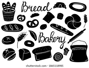 Bread doodle set. Bakery products, hand drawn baguette, croissant and bagel, line pastry cake and donut. Vector cartoon silhouette black and white icons collection. Illustration for menus and design