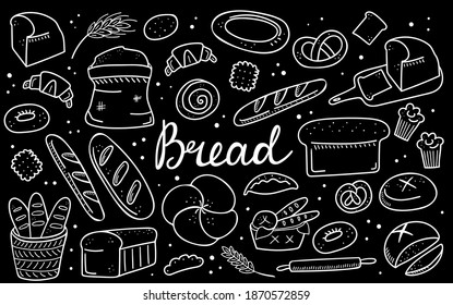 Bread doodle set. Bakery products, hand drawn baguette, croissant and bagel, line pastry cake and donut. Vector cartoon black and white chalk board icons collection. Illustration for menu, design