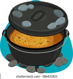 Bread in the dutch oven with coal on the lid. Isolated. On blue background.