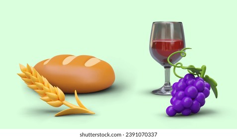 Bread, ear of wheat, grapes, glass of wine. Concept of ecological food from natural ingredients. Symbol of Christian communion. Dishes for vegetarians. Farm advertising. Vector template