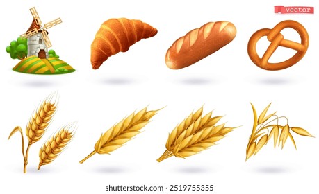 Bread, ear of wheat, high quality 3d realistic vector set