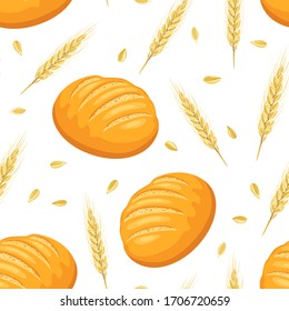 Brot, Weizenähren und Körner nahtlos. Vektorillustration-Illustration von frischem Gebäck im Cartoon-Flachstil. Lebensmittelhintergrund.
