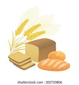 bread and ears of wheat on a white background, illustration
