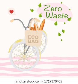 bread in eco bag hang on bicycle hand. Eco friendly life concept. zero waste. vector illustration