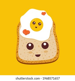 Bread With Egg Romantic Moment. Cute Mascot Character. Kawaii Bread Vector Illustration Isolated On Yellow Background. Funny Breakfast Story.