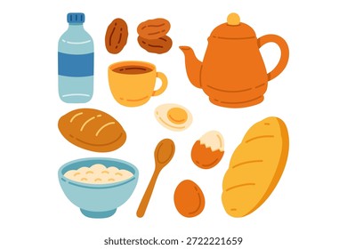 Bread, Eggs, Porridge, Dates, Cocoa hot drink, Water, Tableware flat colorful icons set. Morning meal product cartoon element design pack. Daily breakfast food vector illustration
