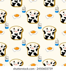 Bread face cow cartoon so cute. On fried eggs milk carton background. Pattern seamless vector illustration. 