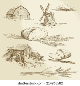 bread, farm, windmill and watermill - hand drawn illustration