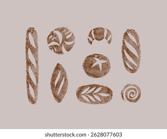 Bread fingerprint collection baguette, sourdough, pumpernickel, rye, long leaf, roll, croissant, whole grain drawing on coffee color background.