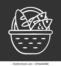Bread and fish in basket chalk icon. Feeding the multitude. Holy week. Miracle of Christ. Blessing food from Bible. New Testament. Gospel story. Isolated vector chalkboard illustration
