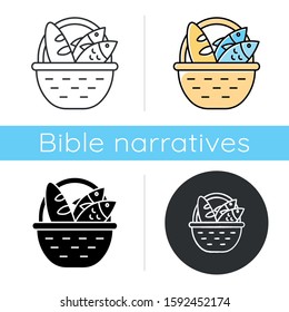 Bread and fish in basket icon. Feeding the multitude. Holy week. Miracle of Christ. Blessing food from Bible. New Testament. Flat design, linear and color styles. Isolated vector illustrations