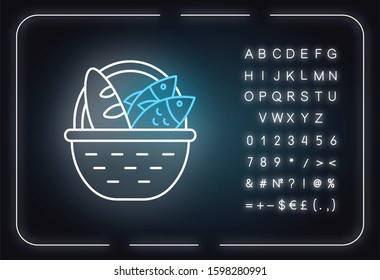 Bread and fish in basket neon light icon. Feeding the multitude. Holy week. Miracle of Christ. New Testament. Glowing sign with alphabet, numbers and symbols. Vector isolated illustration