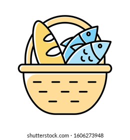 Bread and fish in basket yellow color icon. Feeding the multitude. Holy week. Miracle of Christ. Blessing food from Bible. New Testament. Bible narrative. Gospel story. Isolated vector illustration