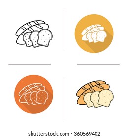 Bread flat design, linear and color icons set. Bread slices and toast symbols. Contour and long shadow logo concepts. Isolated vector illustrations