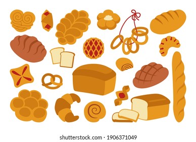 Bread flat icon set. Simple whole grain and wheat loaf bread, pretzel, muffin, croissant, french baguette. Organic baked goods, shop food, design menu bakery pastry. Vintage vector illustration