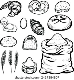 Juego de dibujo de la línea de la bolsa de pan y harina.