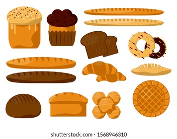 Bread and flour bakery products, pastry food isolated icons vector. Baguette and ciabatta, toast slice and bun, donut and croissant, Easter cake and cupcake. Grocery store, dough snack cooking