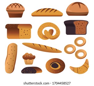 Bread and flour bakery products, pastry food isolated icons vector. Baguette and ciabatta, toast loaf and bun, bagel and croissant, muffin and cupcake, pretzel. Grocery store, wheat dough snack