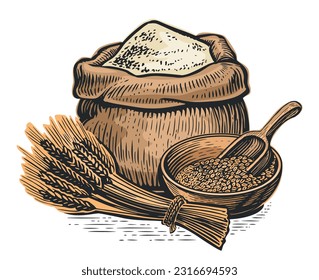 Bread flour in burlap sack, bowl of grain with wooden scoop and wheat ears. Farm food vector illustration