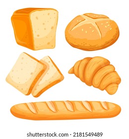 bread food bakery set cartoon. loaf fresh wheat, white pastry floour, grain breakfast, baguette bun, homemade organic bake bread food bakery vector illustration