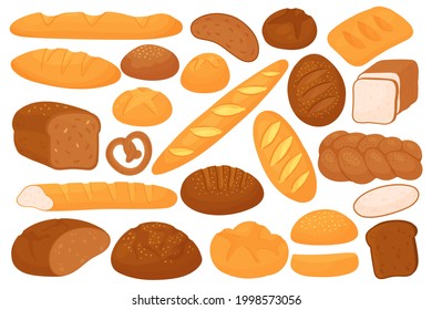 Bread food set, bakery production vector illustration. Cartoon rye wheat and whole grain bread product collection with french baguette bagel, toast slices and cereal roll buns pastry isolated on white