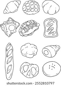 Boceto de comida de pan separado en blanco. Dibujo de Vector de blanco, generalmente conocido en Europa, América. Serie de ilustración de alimentos.	