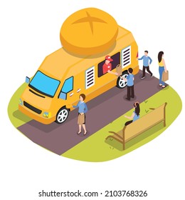 Bread food truck on park isometric 3d vector concept for banner, website, illustration, landing page, flyer, etc.