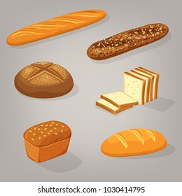 Bread food variety. Brick butterbrot loaf or anadama, baton or baguette, toasts. Pastry and bakery, harvest and cereal, rye and wheat theme for bakehouse or shop, store, natural rural nutrition