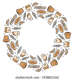 Bread frame, illustration, a ring of bread badges. Vector icons in a circle, a round pattern of bread, baguettes, loaves, rye, wheat, ears. Bakery design.