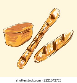 Bread. French baguettes. Italian bread. Hand drawing.