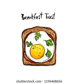 Bread with fried egg and greens. Food for breakfast.