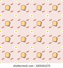 Bread, fried egg, grilled bacon on pink pastel background 