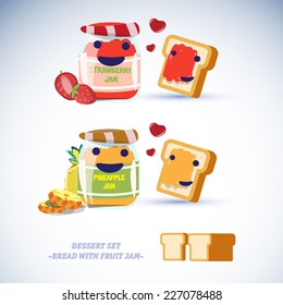 bread with fruit jam character. pineapple and  strawberry - vector illustration